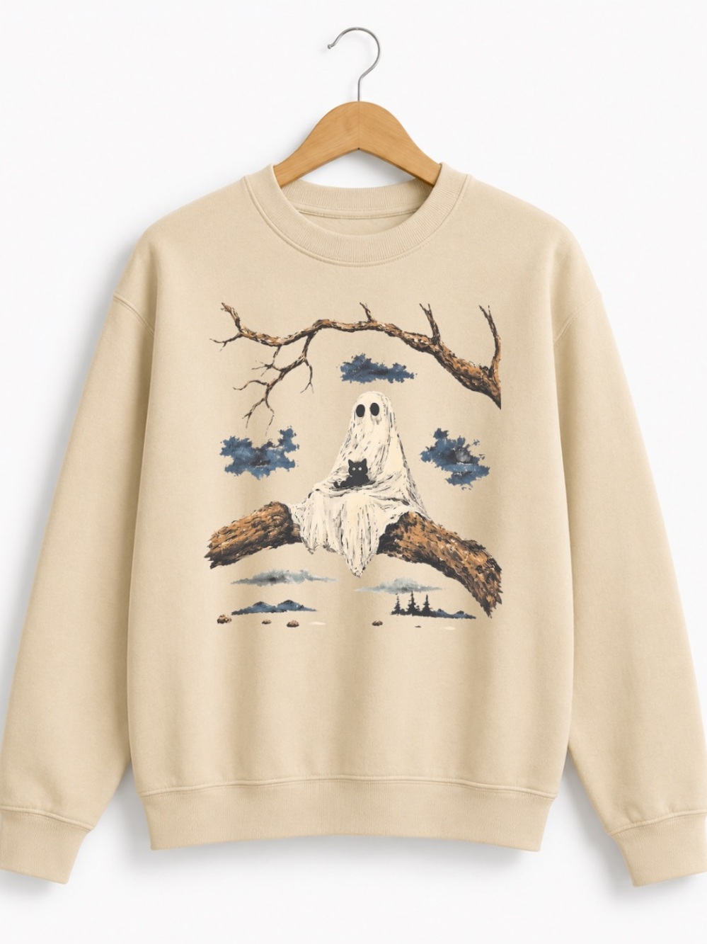 Sand Crewneck Sweatshirt with Ghost & Branch Graphic